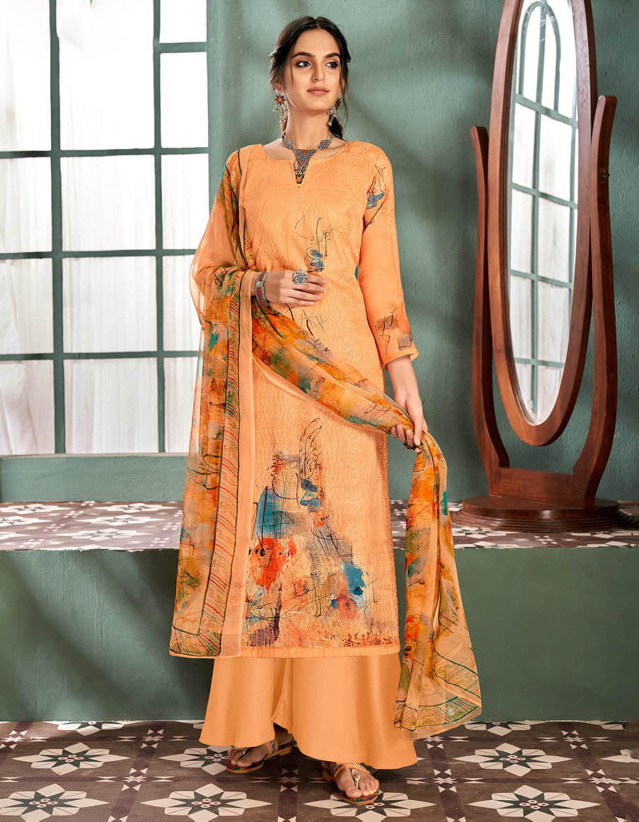 Unstitched Printed Orange Ladies cotton Suits With Chiffon dupatta Alok Suit