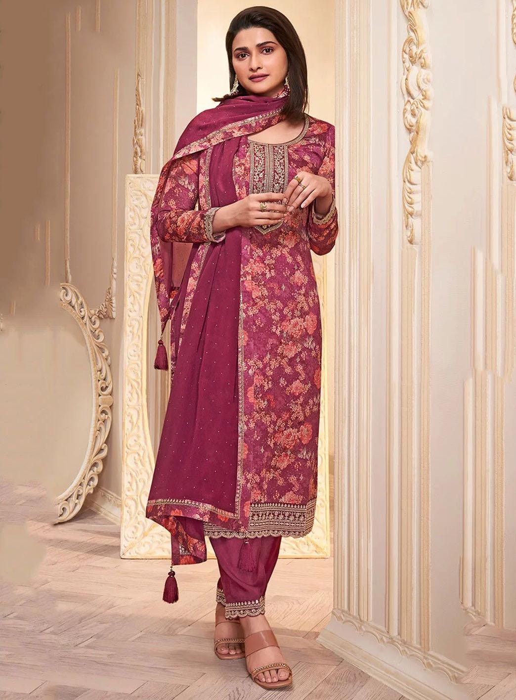 Party Wear Chinon Pink Unstitched Salwar Suit Material with Embroidery