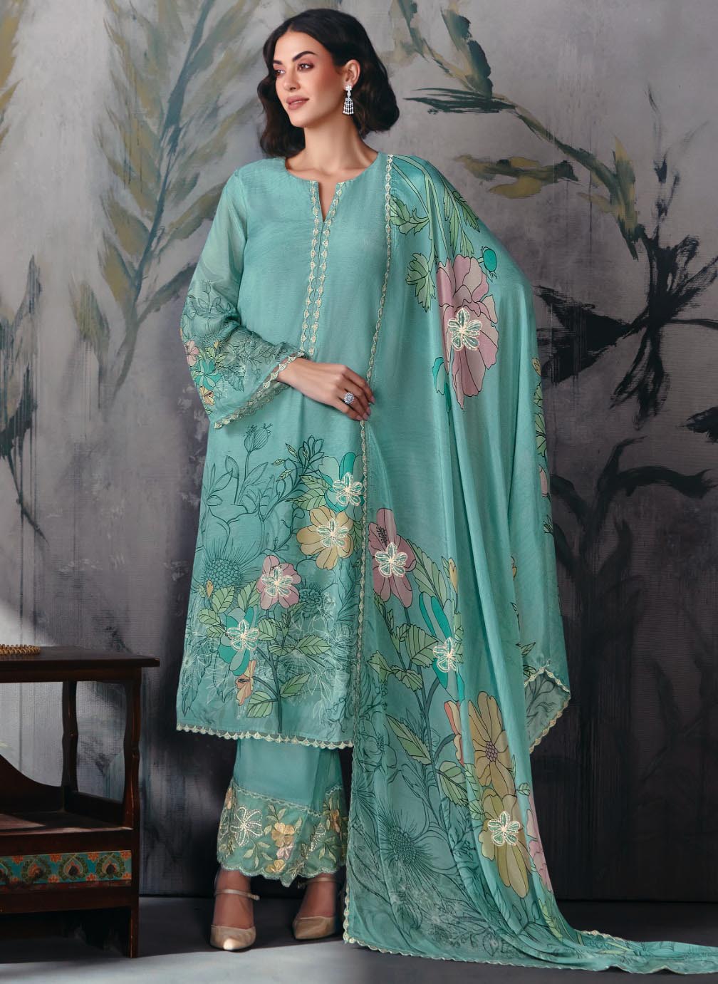 Party Wear Muslin Unstitched Salwar Suit Dress Material with Embroidery