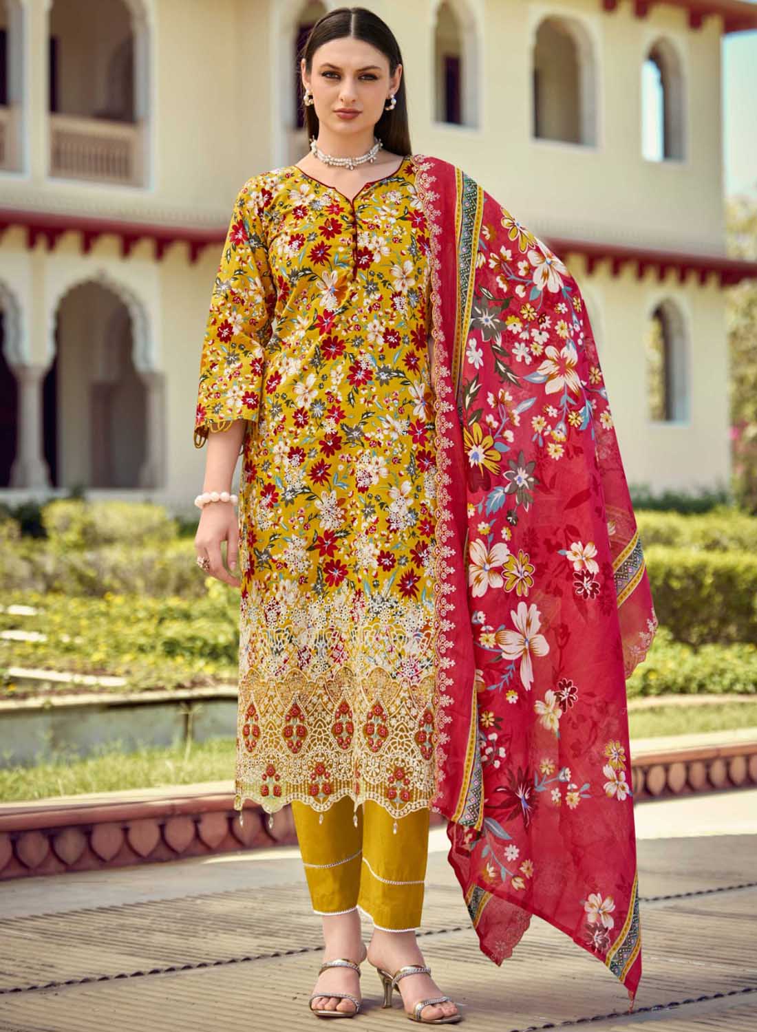 Cotton Embroidered Unstitched Pakistani Suit Material for Women Mustard