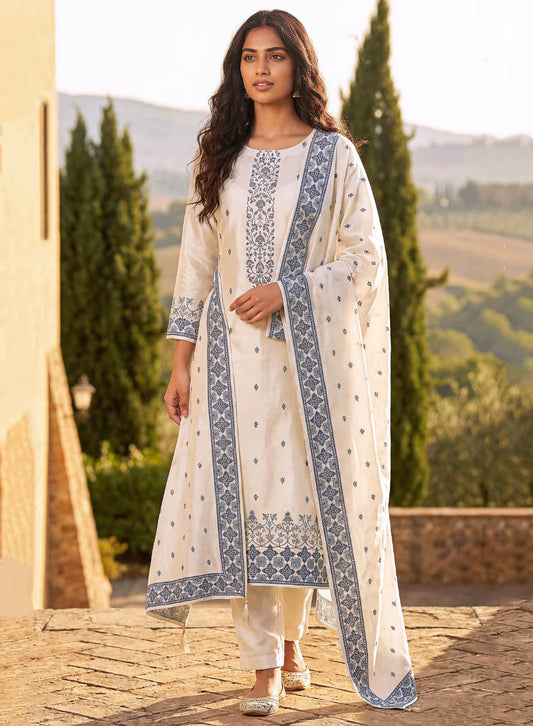 White Pure Cotton Unstitched Salwar Suit for Women with Dupatta