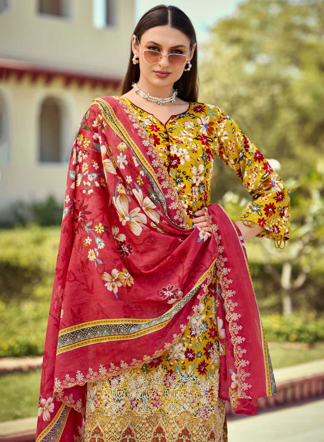 Cotton Embroidered Unstitched Pakistani Suit Material for Women Mustard