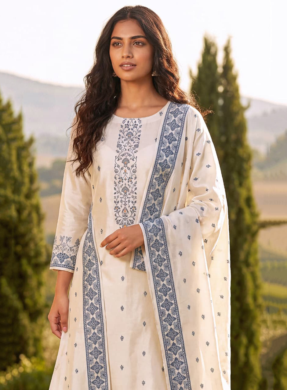 White Pure Cotton Unstitched Salwar Suit for Women with Dupatta