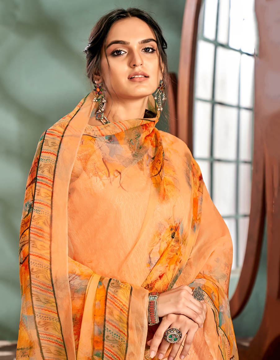 Unstitched Printed Orange Ladies cotton Suits With Chiffon dupatta Alok Suit