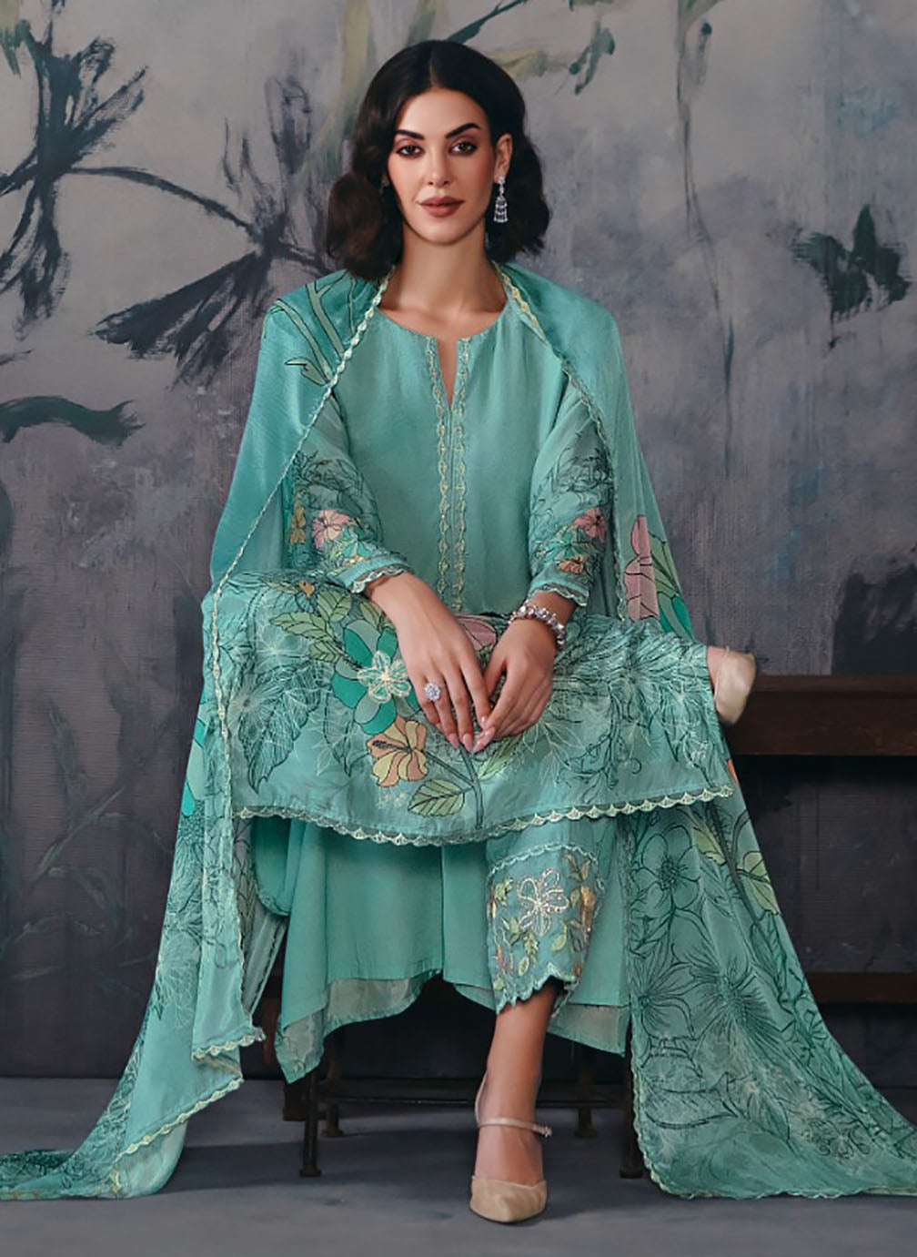 Party Wear Muslin Unstitched Salwar Suit Dress Material with Embroidery