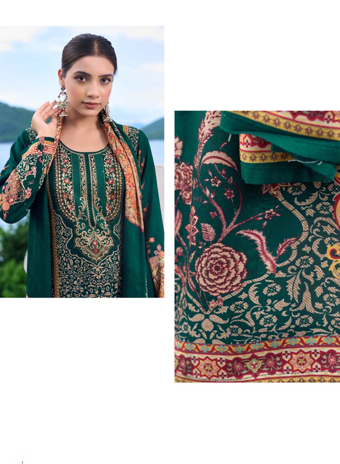 Green Pashmina Winter Unstitched Salwar Suit Set Material with Embroidery