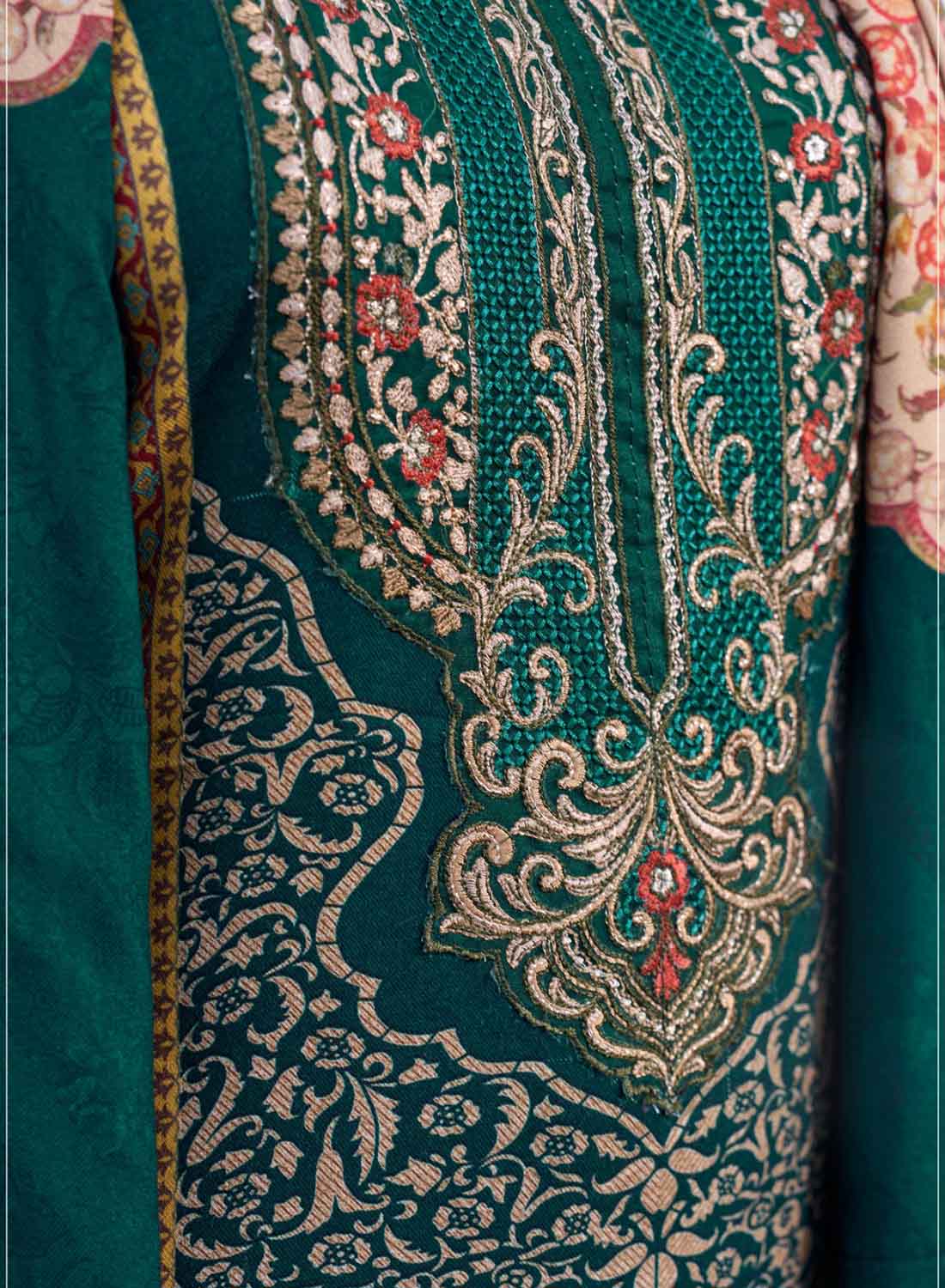 Green Pashmina Winter Unstitched Salwar Suit Set Material with Embroidery