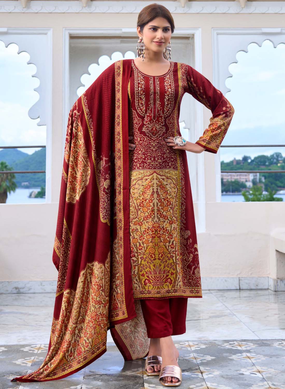 Red Pashmina Winter Unstitched Salwar Suit Set Material with Embroidery