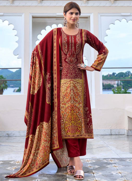 Red Pashmina Winter Unstitched Salwar Suit Set Material with Embroidery