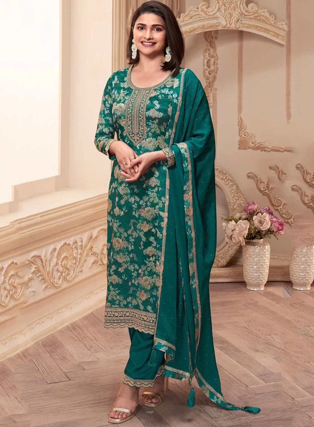 Party Wear Chinon Green Unstitched Salwar Suit Material with Embroidery