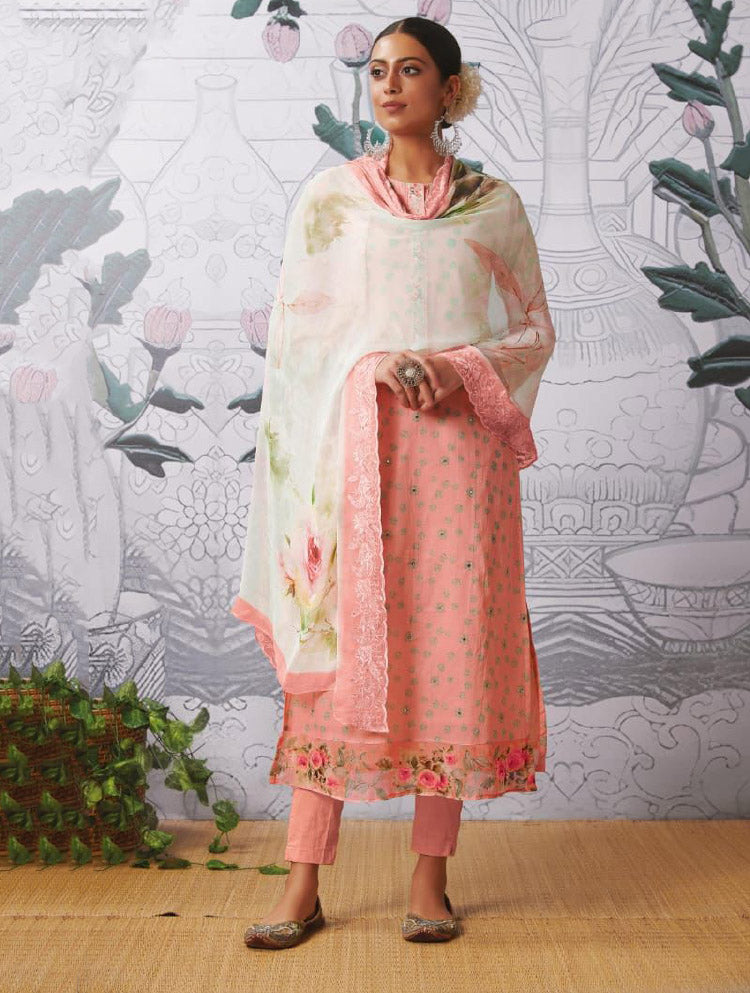 Party Wear Pure Cotton Lawn Unstitched Women Suits Fabric Peach itrana