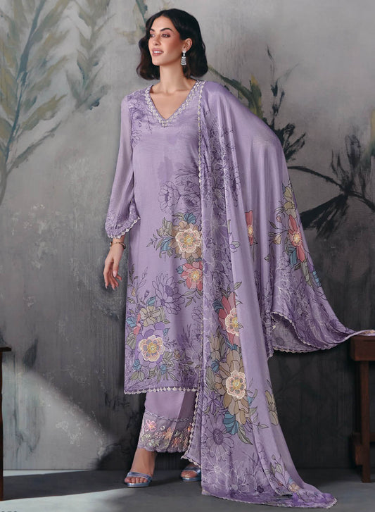 Purple Party Wear Muslin Unstitched Salwar Suit Dress Material with Embroidery