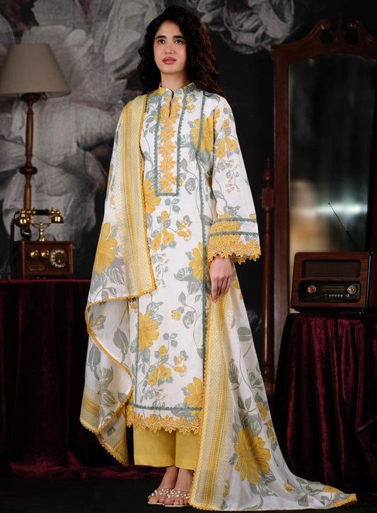 Party Wear Pure Mul Chanderi Yellow Unstitched Suit Material for Women