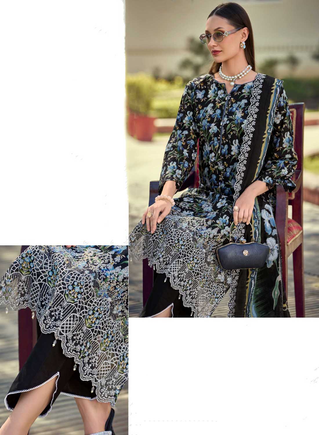 Cotton Embroidered Unstitched Pakistani Suit Material for Women Black