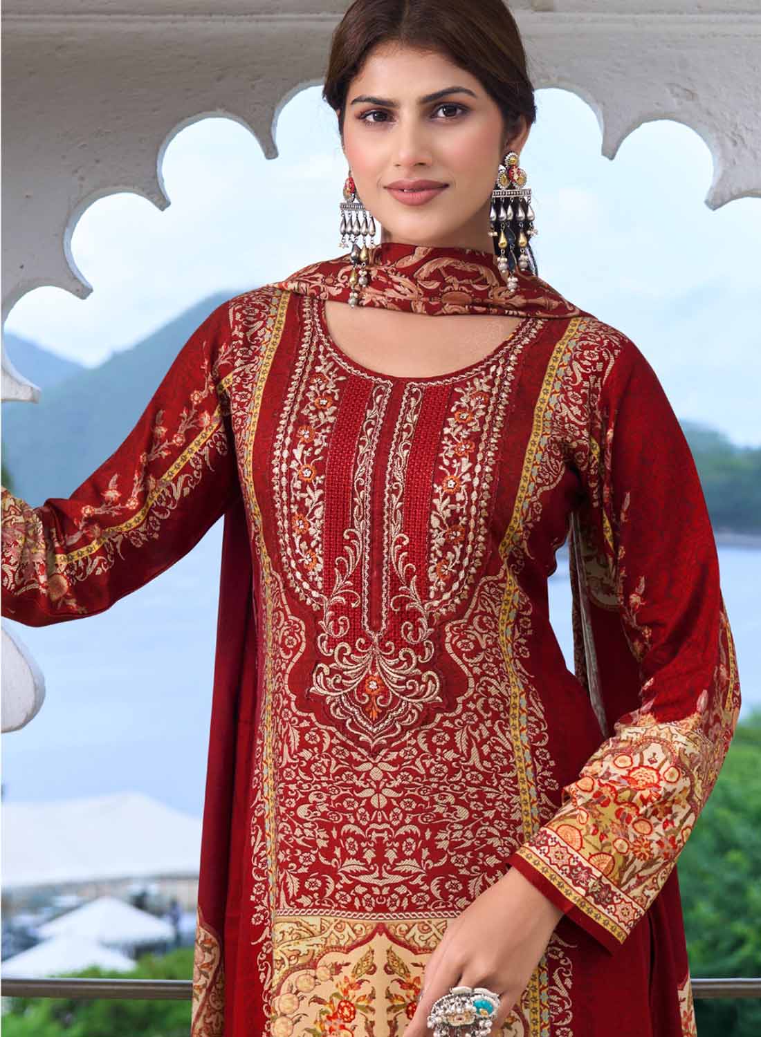 Red Pashmina Winter Unstitched Salwar Suit Set Material with Embroidery