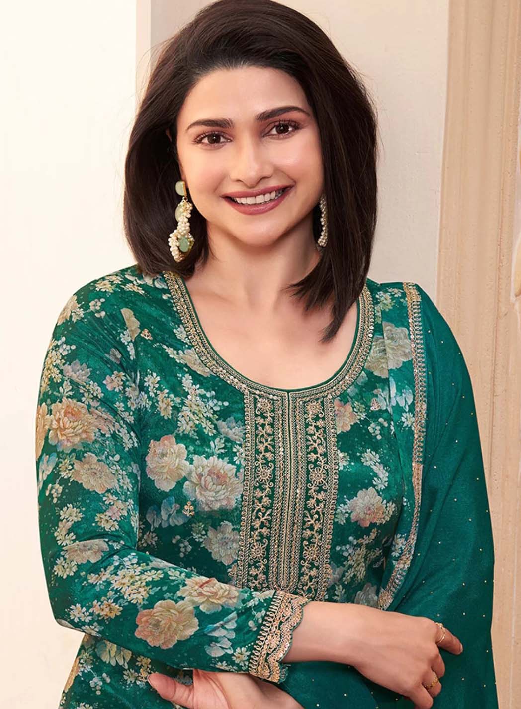 Party Wear Chinon Green Unstitched Salwar Suit Material with Embroidery