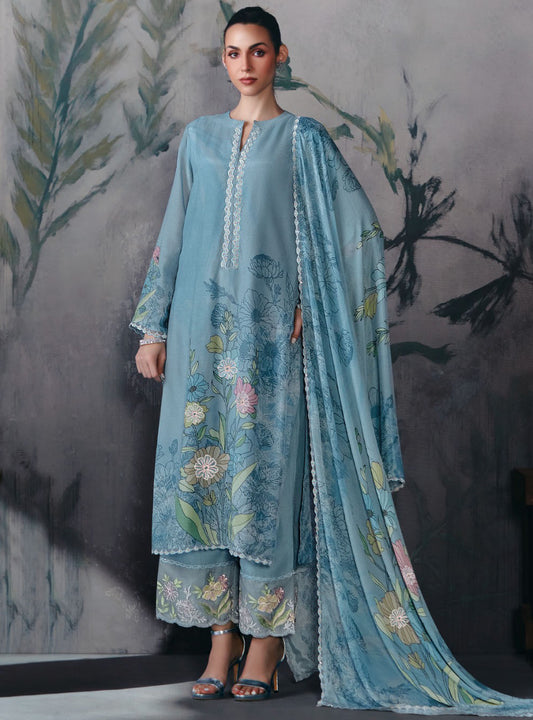 Blue Party Wear Muslin Unstitched Salwar Suit Dress Material with Embroidery