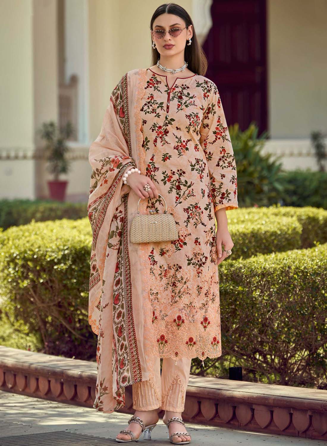 Cotton Embroidered Unstitched Pakistani Suit Material for Women Peach