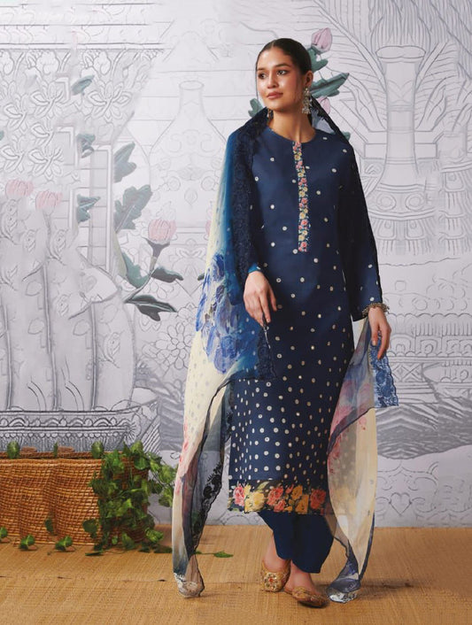 Party Wear Pure Cotton Lawn Unstitched Women Suits Fabric Blue