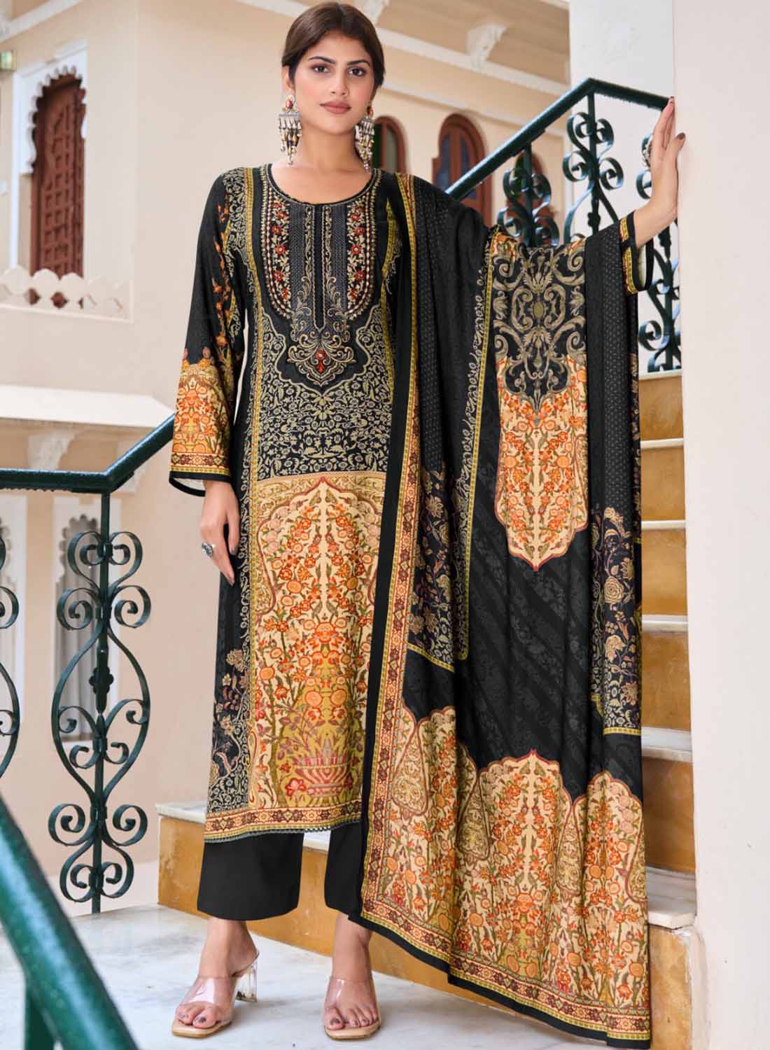 Black Pashmina Winter Unstitched Salwar Suit Set Material with Embroidery
