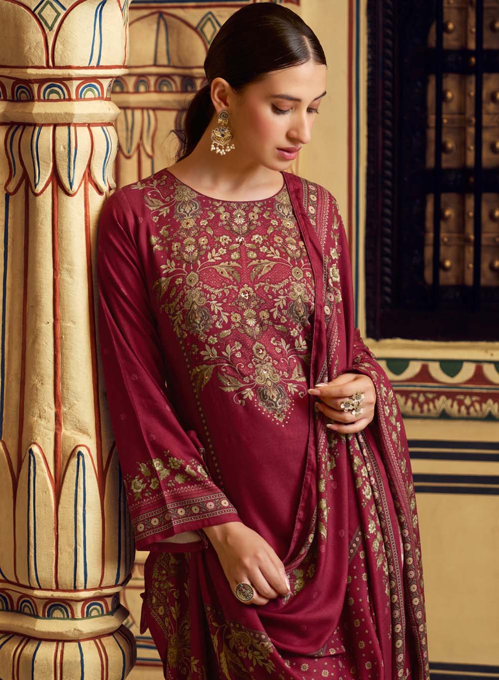 Pure Viscose Pashmina Printed Unstitched Winter Salwar Suit Set for Women