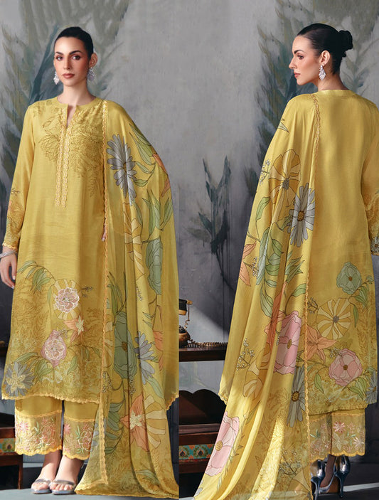 Yellow Party Wear Muslin Unstitched Salwar Suit Dress Material with Embroidery
