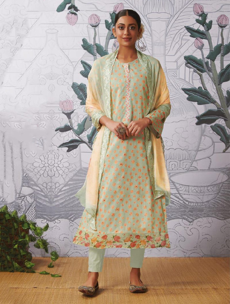Party Wear Pure Cotton Lawn Unstitched Women Suits Fabric Green itrana