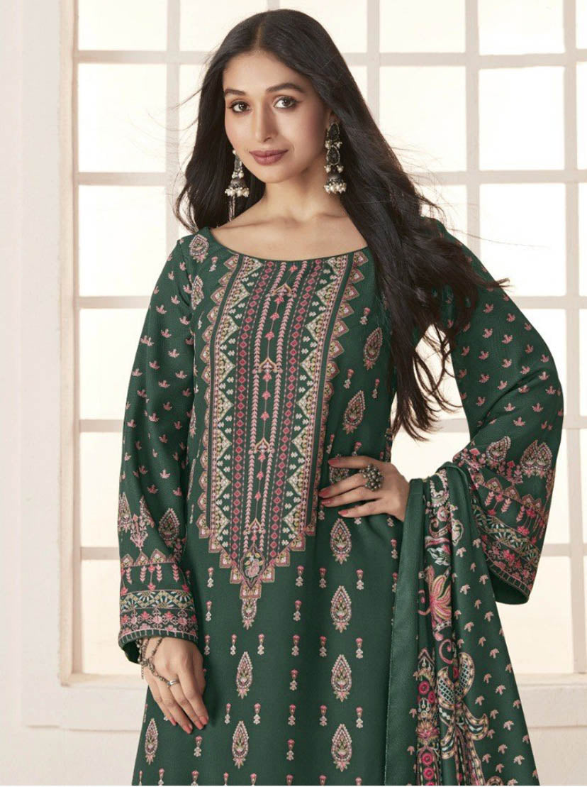 Yesfab Pakistani Print Green Winter Woolen Suits Dress Material YesFab