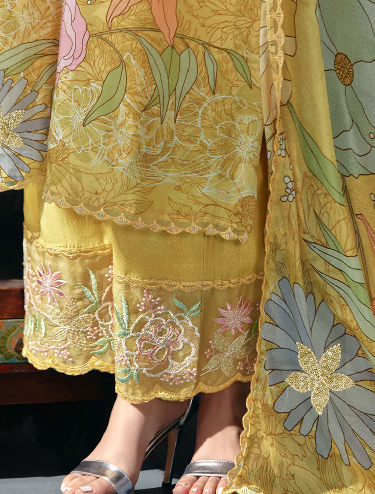 Yellow Party Wear Muslin Unstitched Salwar Suit Dress Material with Embroidery
