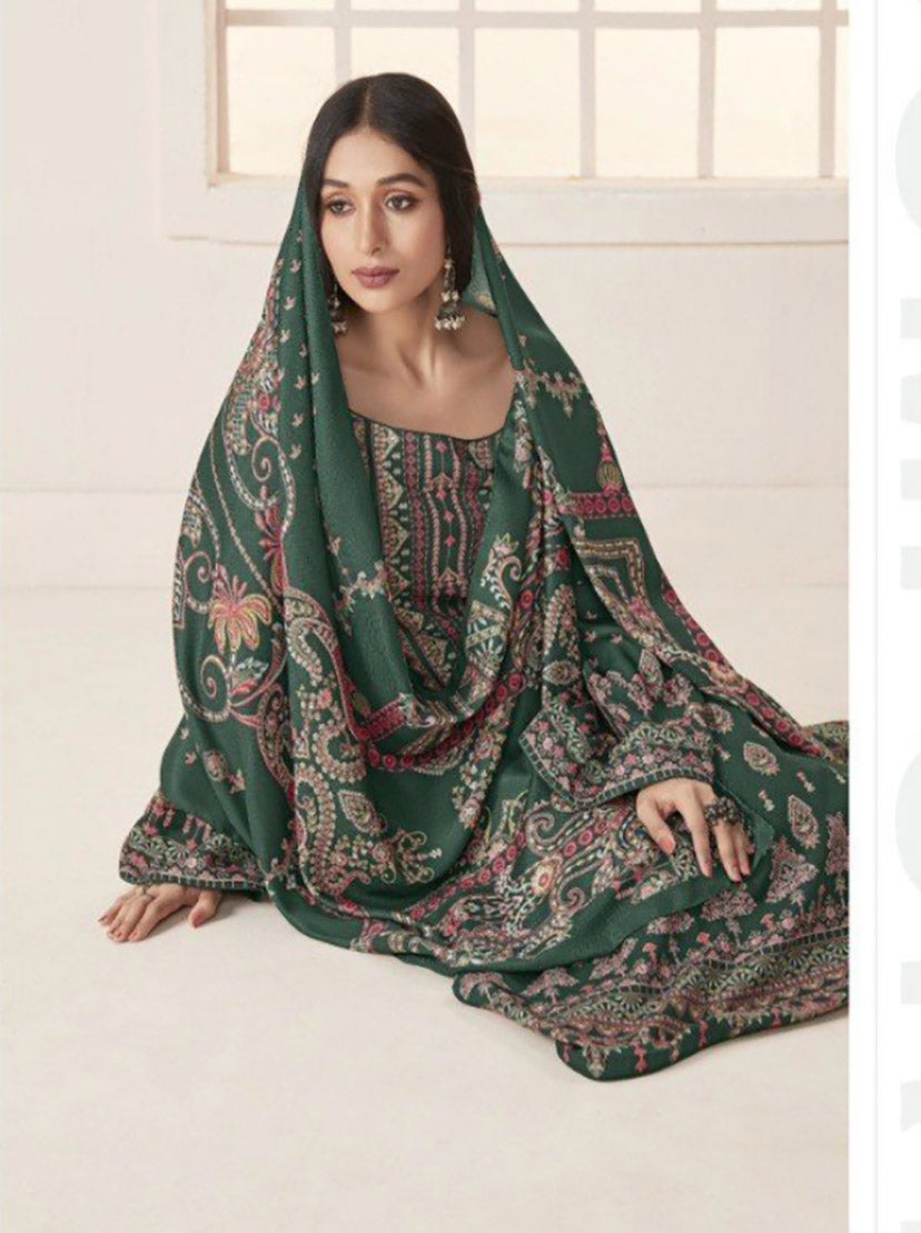 Yesfab Pakistani Print Green Unstitched Winter Spun Wool Suit Material
