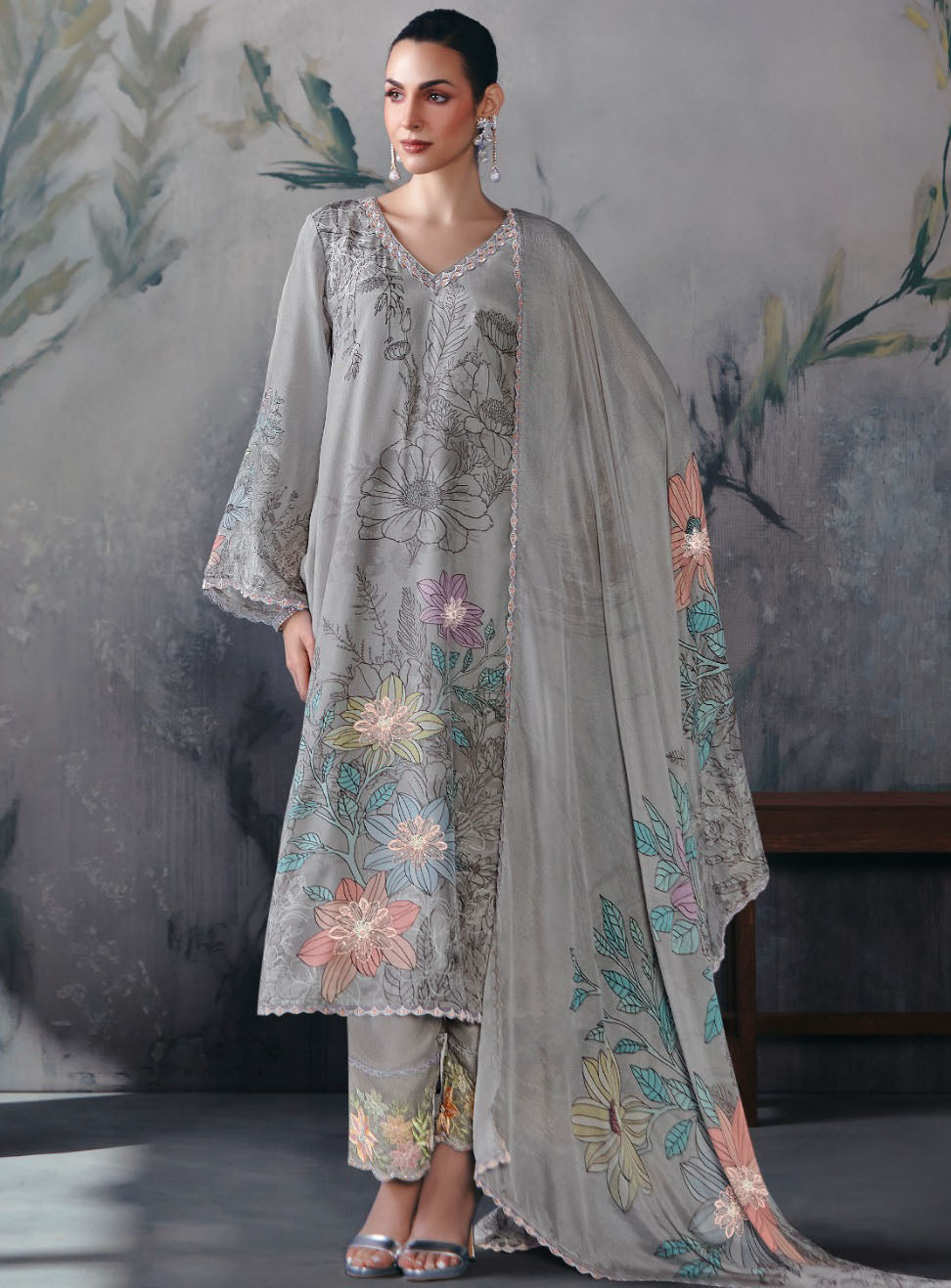 Grey Party Wear Muslin Unstitched Salwar Suit Dress Material with Embroidery