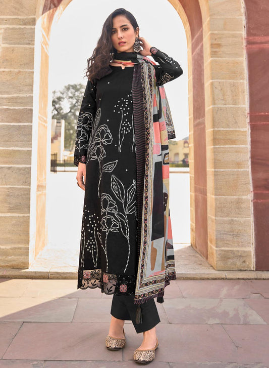 Black Pure Lawn Cotton Unstitched Salwar Suit Dress Material
