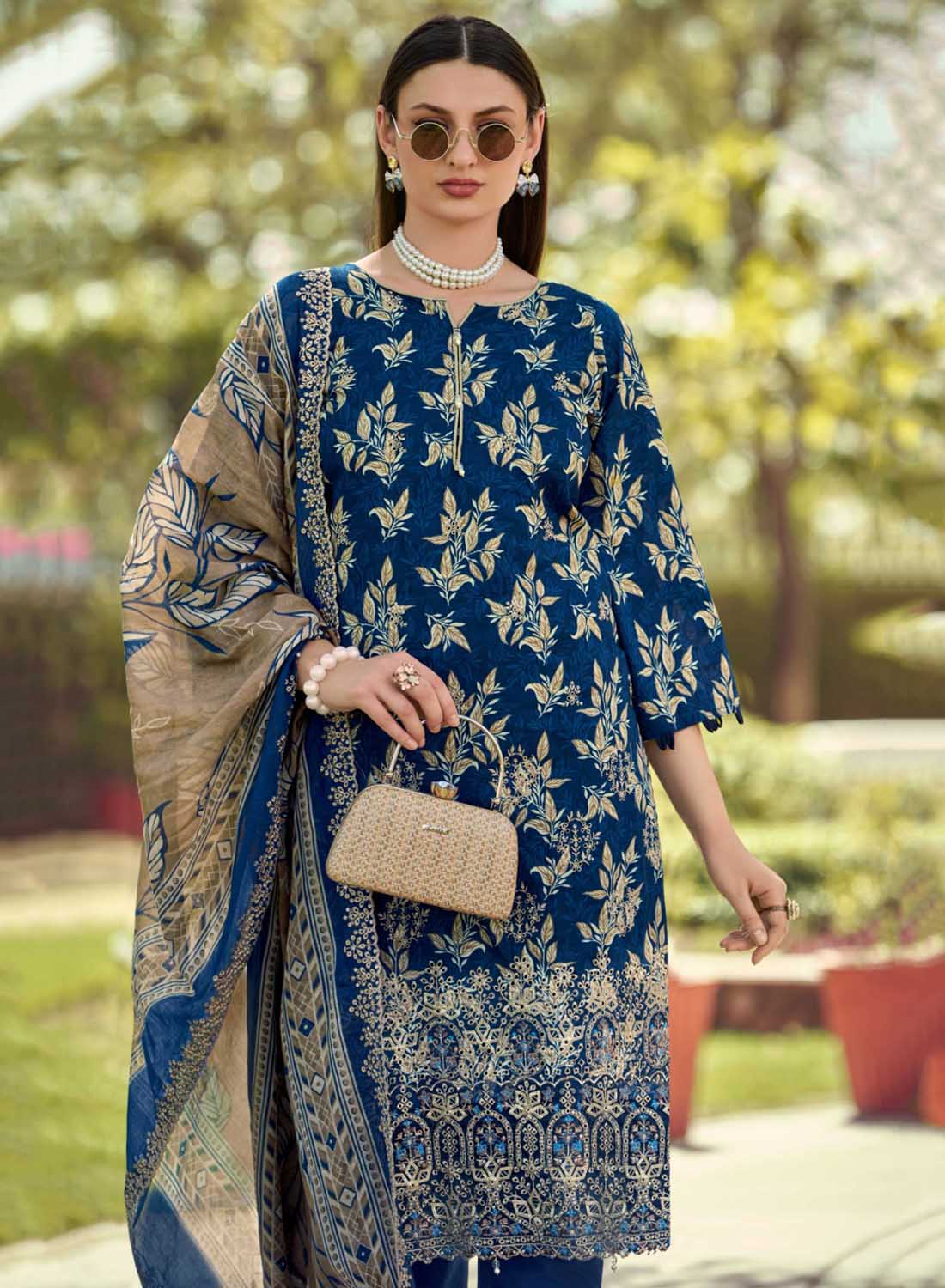 Cotton Unstitched Pakistani Suit Dress Material with Embroidery Blue