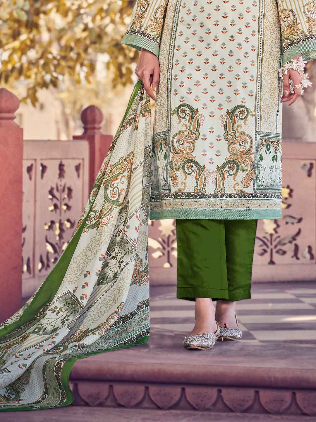 Belliza Pakistani Print Green Unstitched Cotton Suit Dress Material Belliza