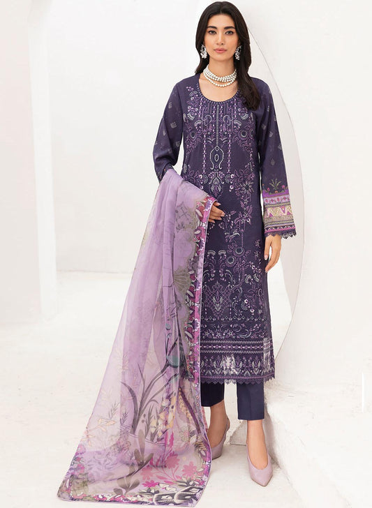 Ramsha Unstitched Pure Pakistani Lawn Suit with Organza Dupatta