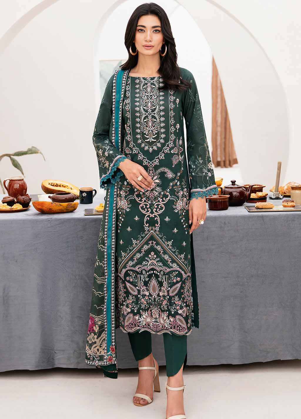 Ramsha Unstitched Green Pure Pakistani Lawn Suit for Women