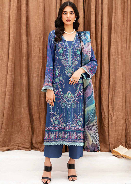 Ramsha Blue Unstitched Pure Lawn Pakistani Suit with Organza Dupatta
