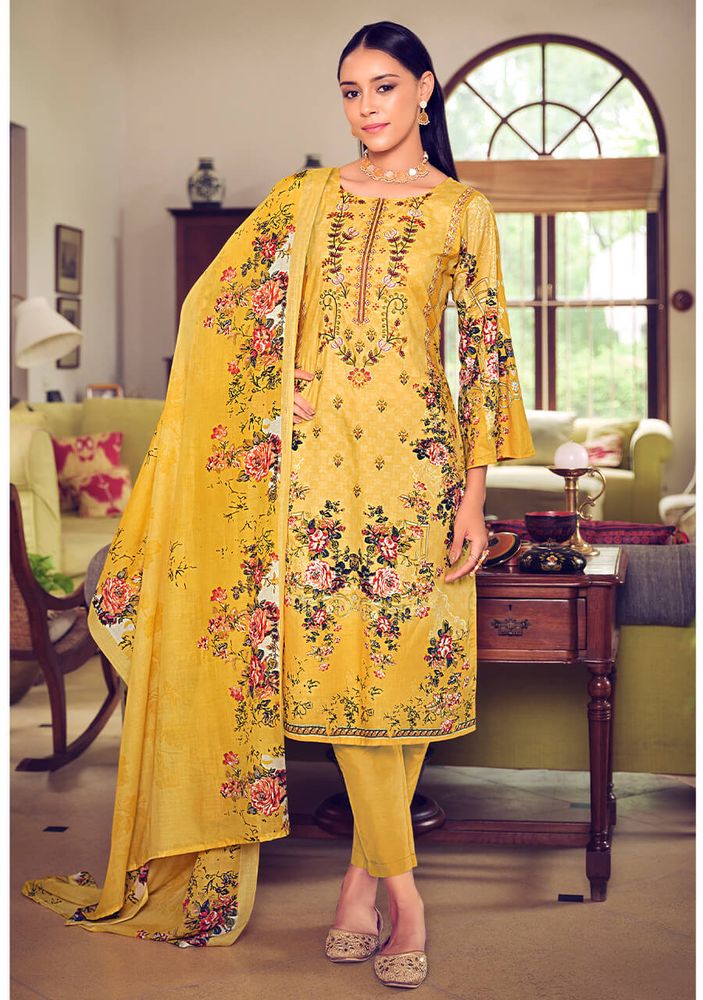 Belliza Pakistani Print Yellow Unstitched Women Cotton Suit Material Belliza