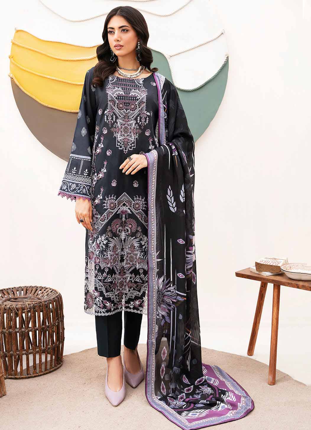 Ramsha Unstitched Pure Pakistani Lawn Suit with Silk Dupatta