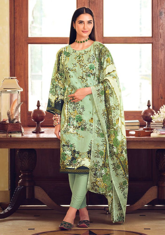 Belliza Pakistani Print Green Unstitched Ladies Cotton Suit Material