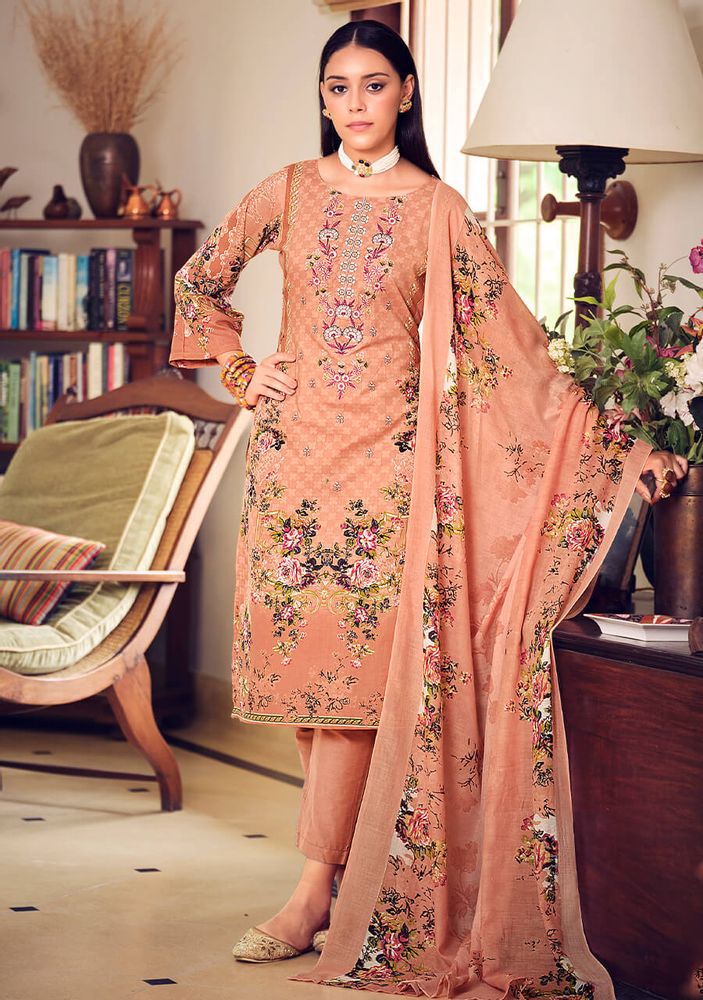 Belliza Cotton Pakistani Print Peach Unstitched Cotton Women Suit Belliza