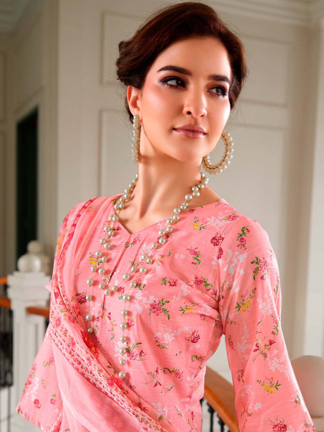 Cotton Linen Embroidered Unstitched Suit Material with Chiffon Dupatta