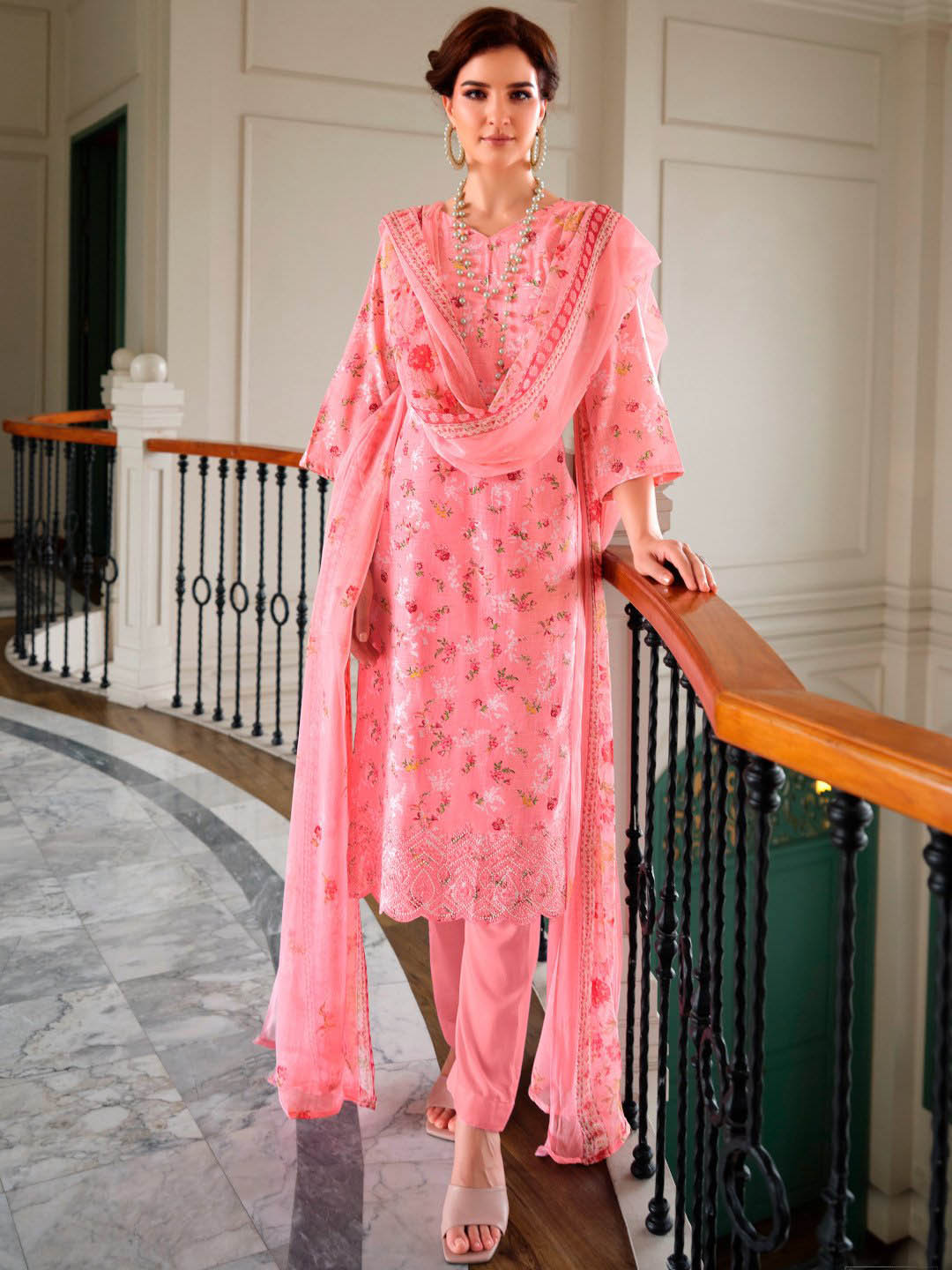 Cotton Linen Embroidered Unstitched Suit Material with Chiffon Dupatta