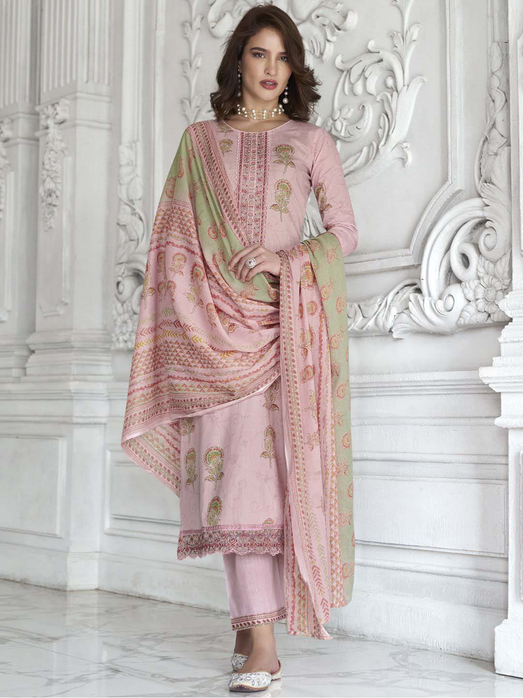 Mumtaz Arts Cotton Embroidered Unstitched Suit Set Pink Mumtaz Arts