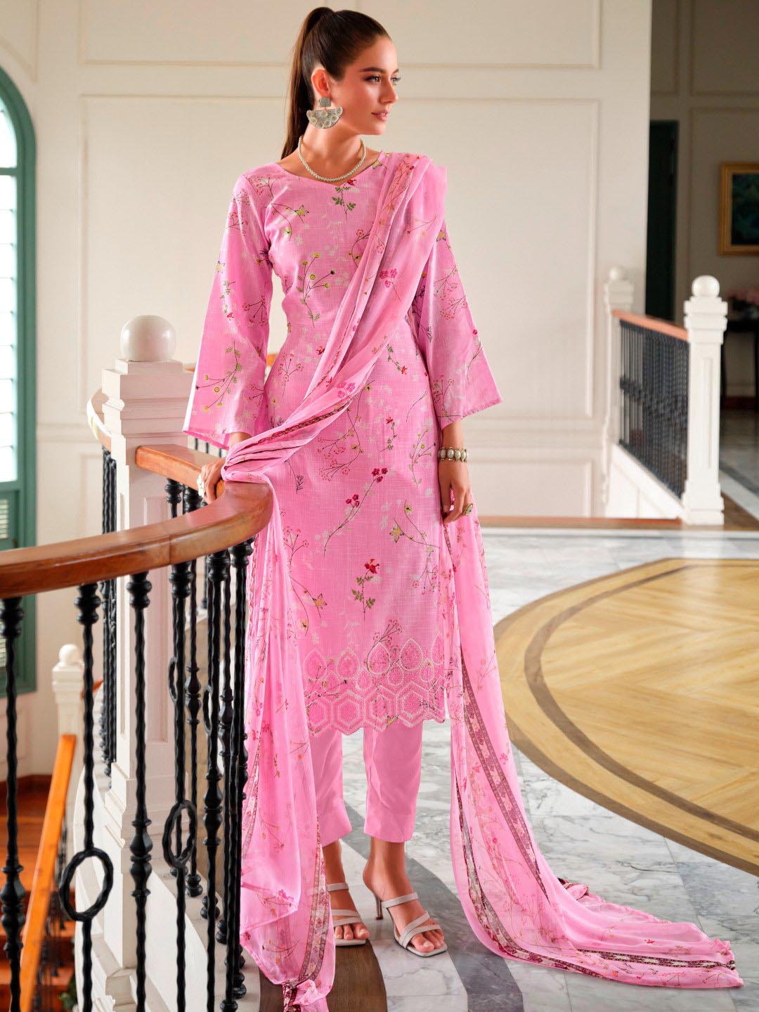 Belliza Cotton Linen Embroidered Unstitched Suit Set Pink Belliza