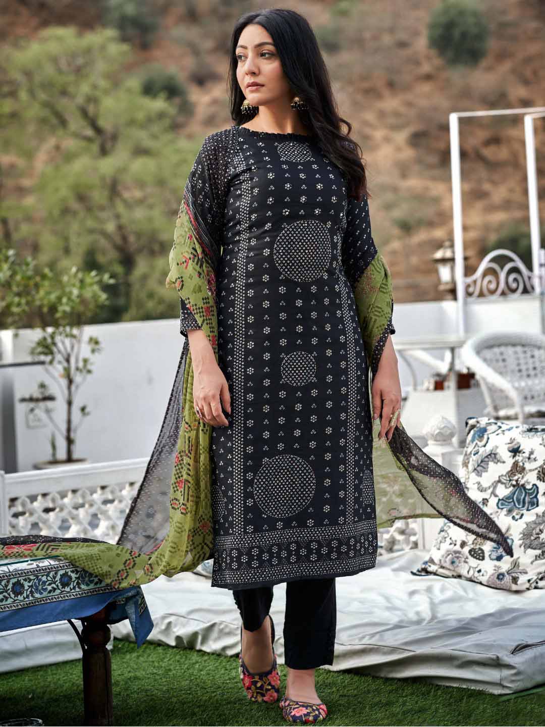 Unstitched Black Printed Cotton Salwar Suit Dress Material for Women Zulfat