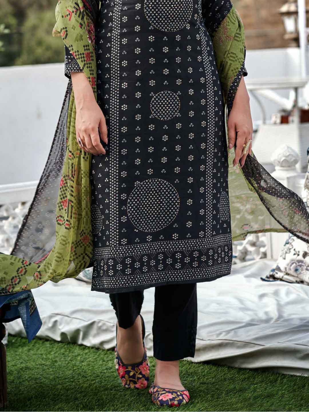 Unstitched Black Printed Cotton Salwar Suit Dress Material for Women