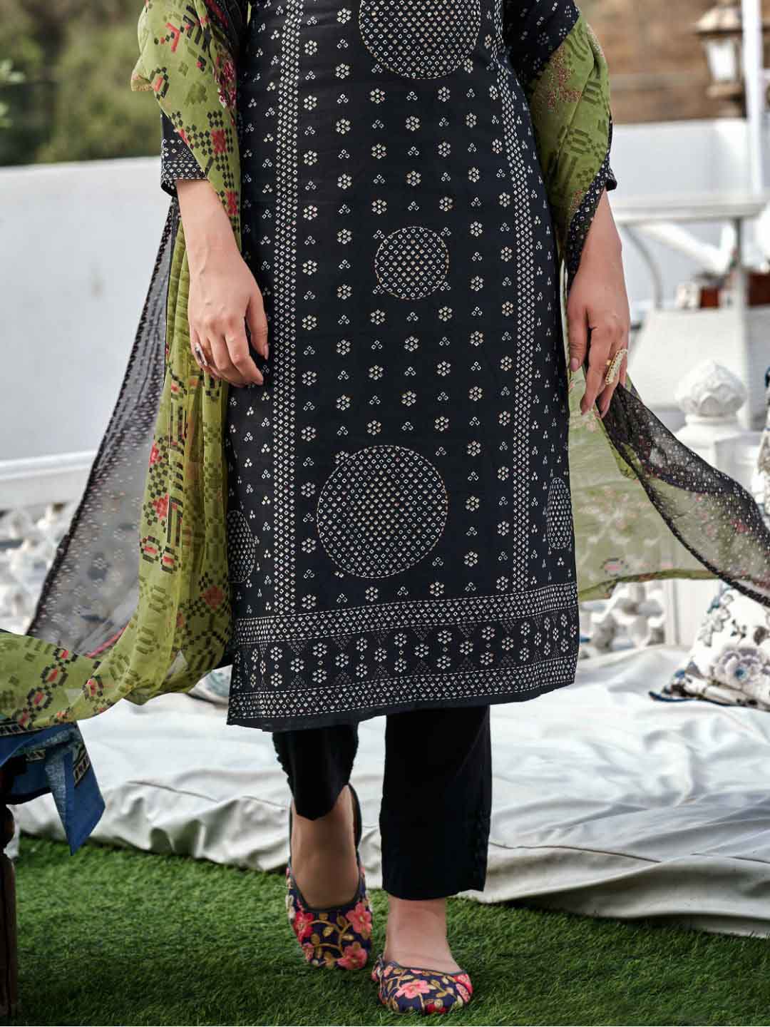 Unstitched Black Printed Cotton Salwar Suit Dress Material for Women Zulfat