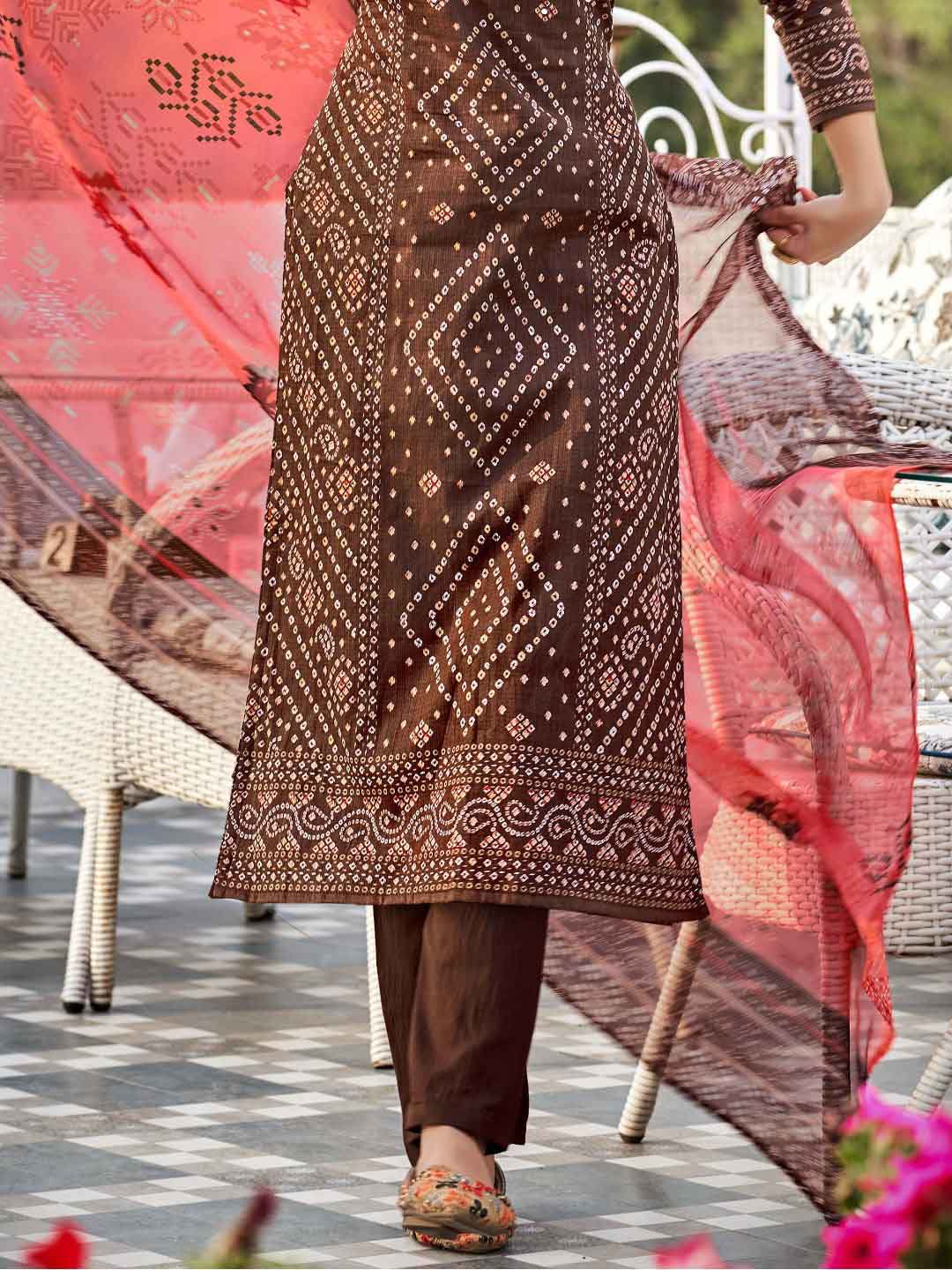 Unstitched Printed Dark Brown Cotton Salwar Suit Material for Women Zulfat