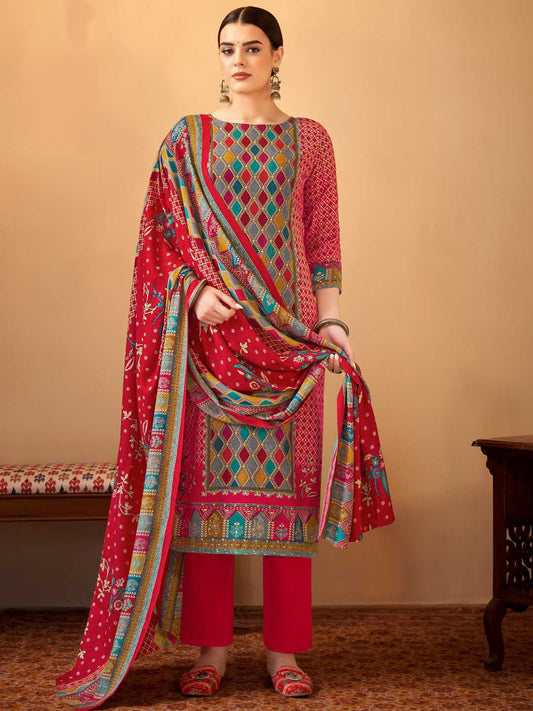 Alok Pashmina Unstitched Red Winter Suit Dress Material for Ladies Alok Suit